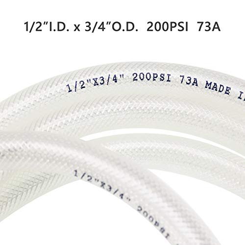1/2" ID x 3/4" OD - 50 Ft High Pressure Braided Clear PVC Vinyl Tubing Flexible Vinyl Tube, Heavy Duty Reinforced Vinyl Hose Tubing, BPA Free and Non Toxic