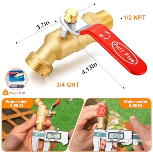 1/2" NPT/MIP Brass Male Hose Faucet, Water Spigot with 3/4" Male GHT Thread, Heavy-Duty Outdoor Hose Full-Flow Valve Outdoor Faucet(1/2" NPT Inlet Long Handle)