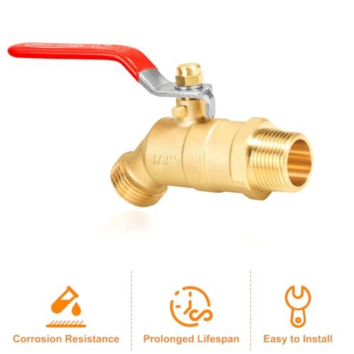 1/2" NPT/MIP Brass Male Hose Faucet, Water Spigot with 3/4" Male GHT Thread, Heavy-Duty Outdoor Hose Full-Flow Valve Outdoor Faucet(1/2" NPT Inlet Long Handle)