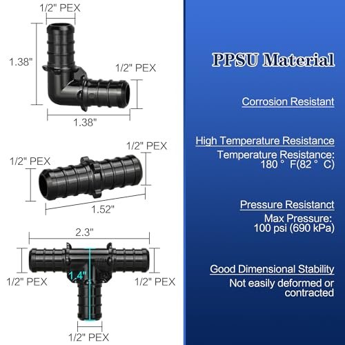 1/2" Poly PPSU Barb Crimp PEX Fitting, 30pcs PEX Fitting Combo, 10pcs Each Elbows Tees Straight Couplings, No Lead (30pcs, 1/2" Combo)