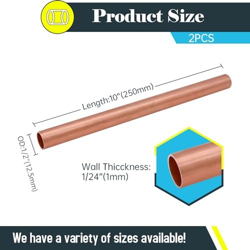 1/2"OD Copper Pipe, 1 mm Wall Thickness 10" Length Copper Round Tube Widely used in various industrial applications,Note that oxidation is normal, not rust.(2 Pcs)