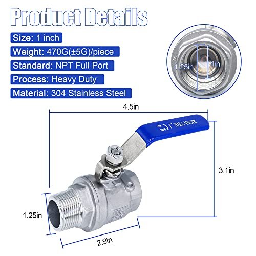 1 Inch Ball Valve, Heavy Duty Male NPT (MNPT) X Female NPT (FNPT) Thread with Long Handle Switch, 304 Stainless Steel NPT Full Port Forged 1" Ball Valve for Water Oil and Gas, 1000 WOG (1 Piece)