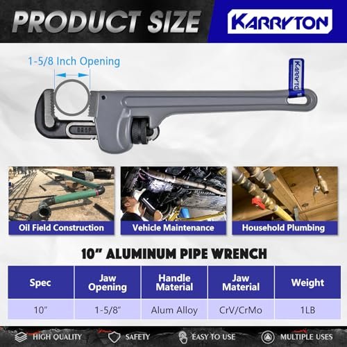 10 Inch Aluminum Pipe Wrench, 1-5/8"/41mm Adjustable Cr-Mo Jaw Opening Heavy Duty Straight Handle Plumbing Wrenches, Perfect Plumbers Tool Exceed GGG Standard