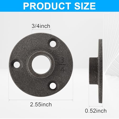 10 Pack 3/4 inches Malleable Cast Iron Pipe Flange, Industrial Pipe Flanges for Threaded Black Pipes and Fittings, DIY Steampunk Industrial Vintage Style.