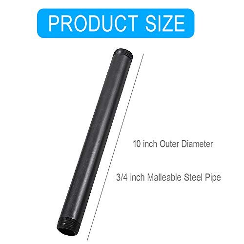 10 Pack 3/4 Inches x 10 Inches Black Malleable Steel Nipples Fitting, DIY Steampunk Industrial Vintage Style.