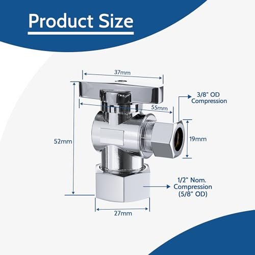 10 Pack Angle Stop Valve,1/2" Nominal Comp (5/8"OD Comp,Fits 1/2" Copper Pipe) X 3/8'' OD Compression Quater Turn Elbow Valve, 5/8 Inches OD X 3/8 Inches OD Shut Off Valve,Chrome