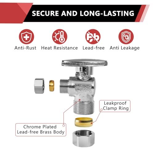 10-Pack EFIELD Angle Stop Valve 1/2" Nominal (5/8" OD) Compression x 3/8" OD, 1/4-Turn,(VALVE116-10PCS)
