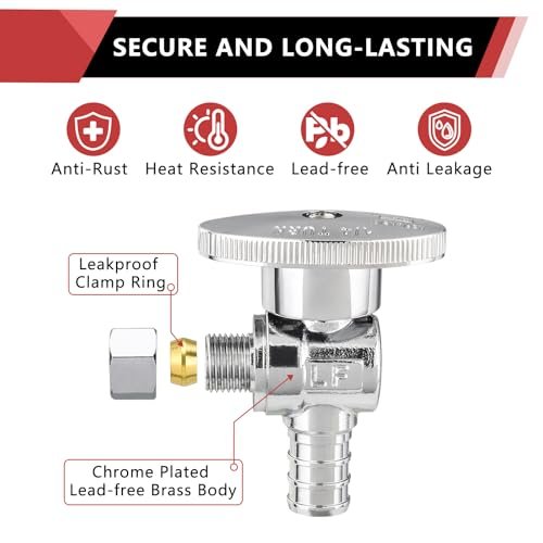 10-Pack EFIELD Shut off Valve 1/4 Turn Angle Stop Valve 3/8" OD Compression X 1/2" Pex Chrome Plated Brass,(VALVE076-10PCS)