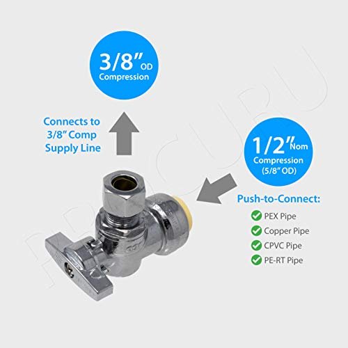 [10-Pack] PROCURU PushFit Angle Stop Valve 1/2" Push x 3/8" OD Comp, Quarter-Turn Push-to-Connect Brass Shutoff Valve for Copper, PEX, CPVC, PE-RT, HDPE Pipes, LF Certified Safe (8X8012-11T)