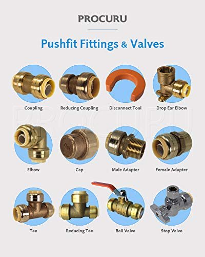 [10-Pack] PROCURU PushFit Angle Stop Valve 1/2" Push x 3/8" OD Comp, Quarter-Turn Push-to-Connect Brass Shutoff Valve for Copper, PEX, CPVC, PE-RT, HDPE Pipes, LF Certified Safe (8X8012-11T)