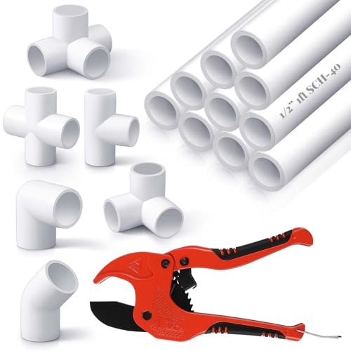 10 Pcs 1/2 Inch x 1 ft PVC Pipe with 42 Pcs PVC Pipe Fittings Elbow Set and 1 Cutter White DIY Projects Connection Tee for Home, Greenhouse, Farm, Workshop, Garden