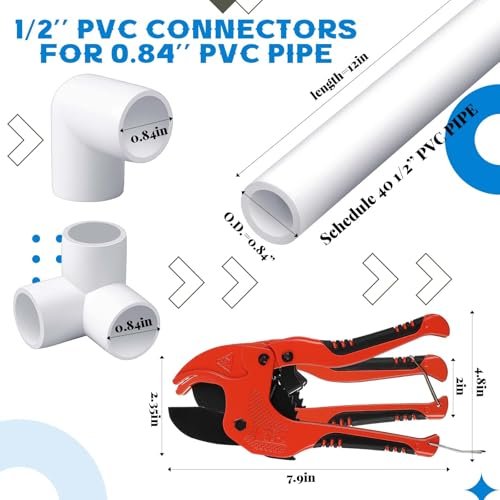 10 Pcs 1/2 Inch x 1 ft PVC Pipe with 42 Pcs PVC Pipe Fittings Elbow Set and 1 Cutter White DIY Projects Connection Tee for Home, Greenhouse, Farm, Workshop, Garden