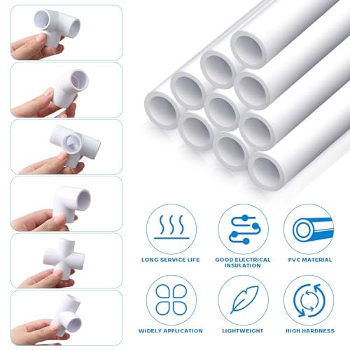 10 Pcs 1/2 Inch x 1 ft PVC Pipe with 42 Pcs PVC Pipe Fittings Elbow Set and 1 Cutter White DIY Projects Connection Tee for Home, Greenhouse, Farm, Workshop, Garden