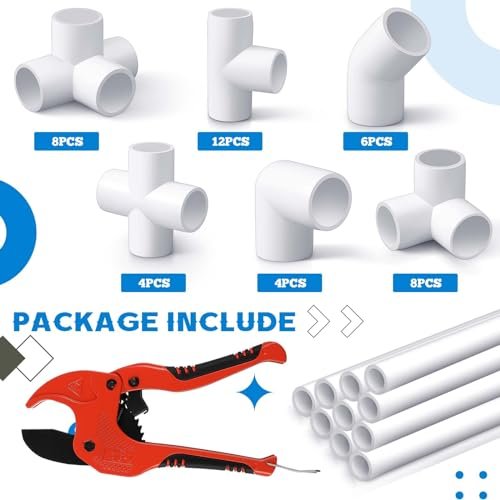 10 Pcs 1/2 Inch x 1 ft PVC Pipe with 42 Pcs PVC Pipe Fittings Elbow Set and 1 Cutter White DIY Projects Connection Tee for Home, Greenhouse, Farm, Workshop, Garden