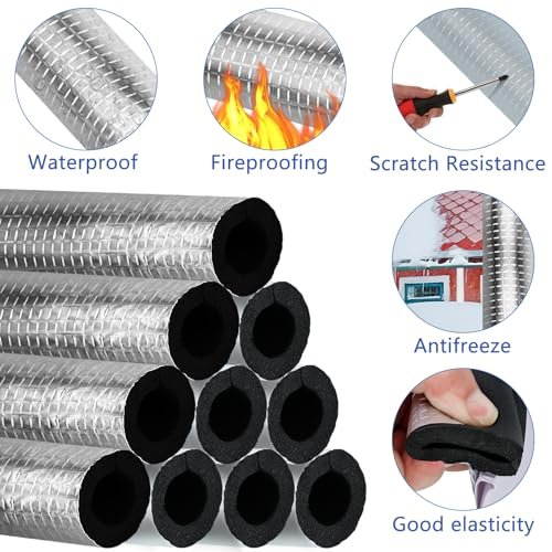10 Pcs Pipe Insulation Foam Tube Self Adhesive Insulation Foam Wrap Aluminum Foil Pipe Covers for Spigot, Winter Outside Pipes, Sprinkler, Water Heater Pipes Freeze Protection (1.3 Ft x 0.8 Inch)