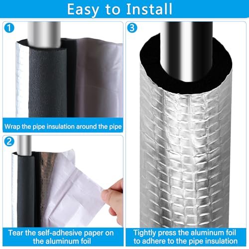 10 Pcs Pipe Insulation Foam Tube Self Adhesive Insulation Foam Wrap Aluminum Foil Pipe Covers for Spigot, Winter Outside Pipes, Sprinkler, Water Heater Pipes Freeze Protection (1.3 Ft x 0.8 Inch)