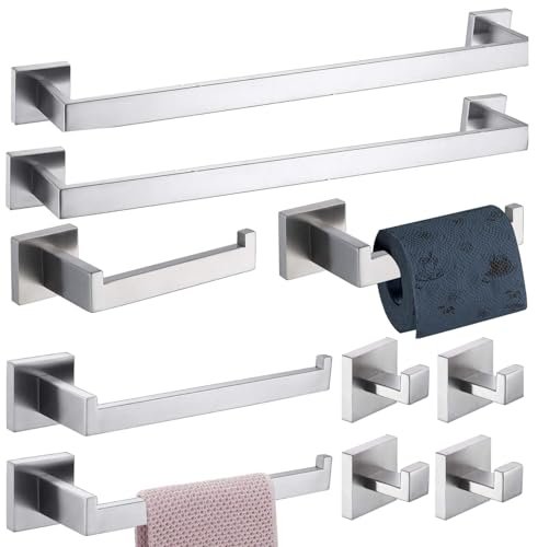 10-Pieces Towel Bar Set Brushed Nickel Bathroom Hardware Set SUS304 Bathroom Accessories Set Includes 2 Towel Bar 24 in+2 Towel Holder+2Toilet Paper Holder+4 Towel Hooks(10, Brushed Nickel, 24 Inch)
