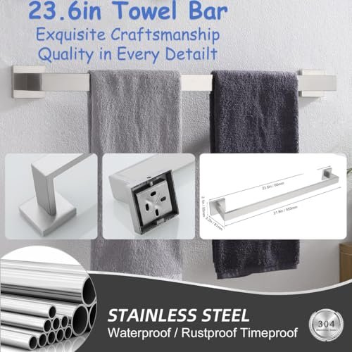 10-Pieces Towel Bar Set Brushed Nickel Bathroom Hardware Set SUS304 Bathroom Accessories Set Includes 2 Towel Bar 24 in+2 Towel Holder+2Toilet Paper Holder+4 Towel Hooks(10, Brushed Nickel, 24 Inch)