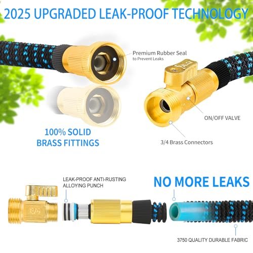 100 ft Expandable Garden Hose - 2025 New Kink Free Flexible Water Hose 100ft with 10 Pattern Spray Nozzle, 3/4 Solid Brass Connectors, Retractable Latex Core - Lightweight Expanding Hose