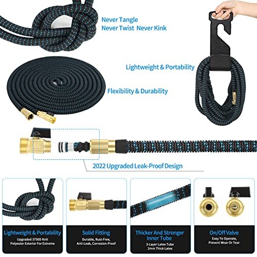 100 ft Expandable Garden Hose - 2025 New Kink Free Flexible Water Hose 100ft with 10 Pattern Spray Nozzle, 3/4 Solid Brass Connectors, Retractable Latex Core - Lightweight Expanding Hose