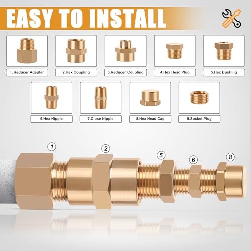 106PCS Brass Pipe Fittings Assortment Kit NPT Extension Adapter,Reducer Bushing,Hex Nipple,Close Nipple,Reducing Hex Coupling,Hex Head Plugs,Hex head Cap,Socket Plug Kit