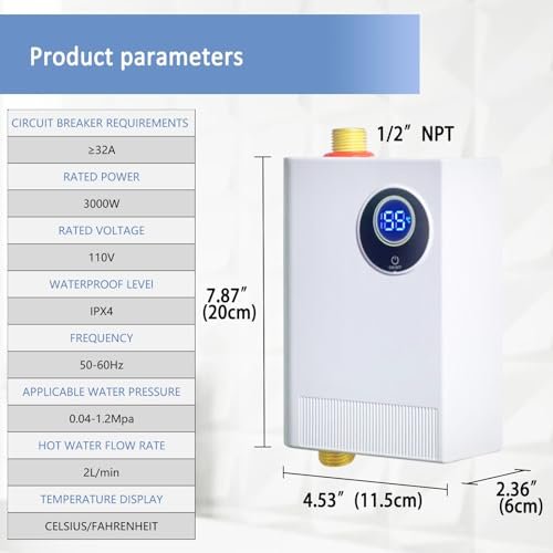 110V Tankless Water Heater Electric, 3000W Compact Water Heater Under Sink, Conveniently Convertible Between Fahrenheit and Celsius