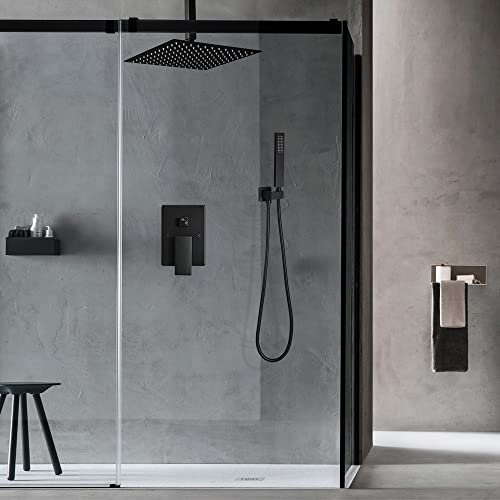 12 Inch Ceiling Mount Matte Black Shower System Bathroom Luxury Rain Mixer Shower Combo Set Ceiling Rainfall Shower Head System (Contain Shower Faucet Rough-in Valve Body and Trim)