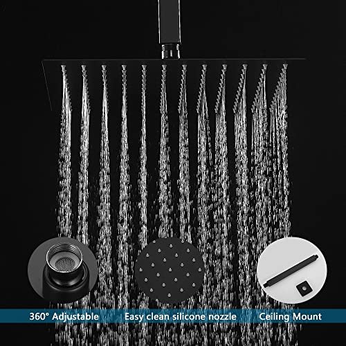 12 Inch Ceiling Mount Matte Black Shower System Bathroom Luxury Rain Mixer Shower Combo Set Ceiling Rainfall Shower Head System (Contain Shower Faucet Rough-in Valve Body and Trim)