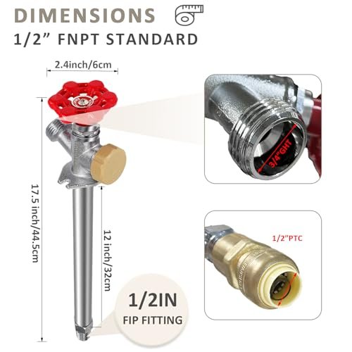12inch Anti-Siphon Frost Free Sillcock, No Lead Brass Frost Proof Outdoor Faucet Bib with Backflow Preventer, 1/2" Push-to-Fit Connector X 3/4 Inch Hose Bibb Frost Free Spigot