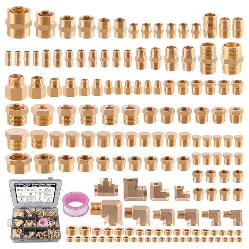156PCS Brass Pipe Fittings Assortment Kit 1/8" 1/4" 3/8" 1/2" 3/4" NPT Adapter,Reducer Bushing, Hex Nipple, Reducing Hex Coupling,Hex Head Plugs,Street Elbow,Street Tee,Socket Plug