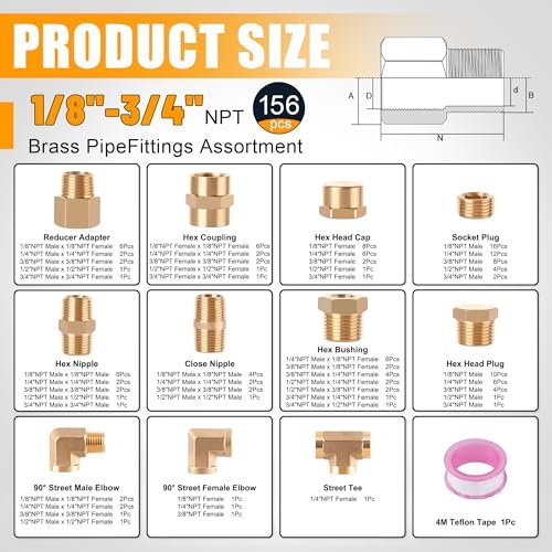 156PCS Brass Pipe Fittings Assortment Kit 1/8" 1/4" 3/8" 1/2" 3/4" NPT Adapter,Reducer Bushing, Hex Nipple, Reducing Hex Coupling,Hex Head Plugs,Street Elbow,Street Tee,Socket Plug