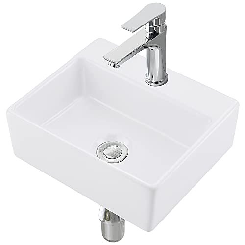 16x12 Inch Wall Mount Ceramic Bathroom Sink - Rectangle Vessel Sink with Faucet Hole, Perfect for Small Bathrooms