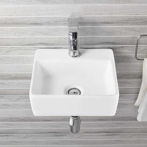 16x12 Inch Wall Mount Ceramic Bathroom Sink - Rectangle Vessel Sink with Faucet Hole, Perfect for Small Bathrooms