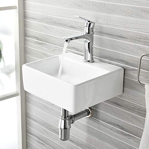 16x12 Inch Wall Mount Ceramic Bathroom Sink - Rectangle Vessel Sink with Faucet Hole, Perfect for Small Bathrooms