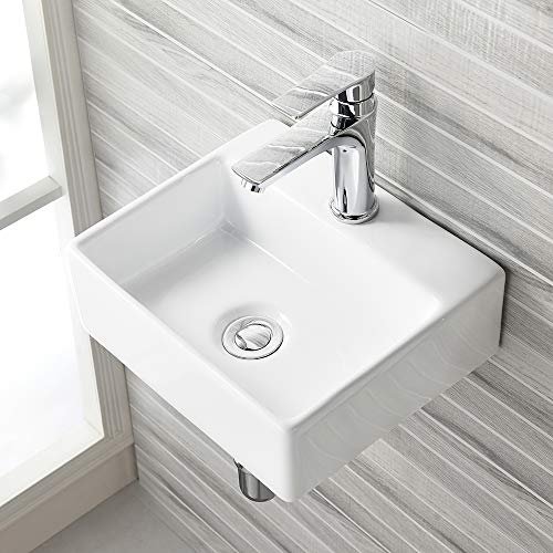 16x12 Inch Wall Mount Ceramic Bathroom Sink - Rectangle Vessel Sink with Faucet Hole, Perfect for Small Bathrooms