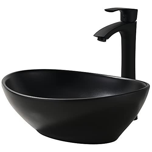 16x13 Matte Black Vessel Sink With Faucet and Drain Combo - Oval Porcelain Ceramic Above Counter Bathroom Sink