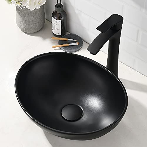 16x13 Matte Black Vessel Sink With Faucet and Drain Combo - Oval Porcelain Ceramic Above Counter Bathroom Sink