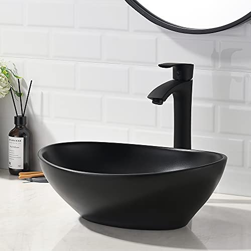 16x13 Matte Black Vessel Sink With Faucet and Drain Combo - Oval Porcelain Ceramic Above Counter Bathroom Sink