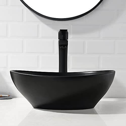 16x13 Matte Black Vessel Sink With Faucet and Drain Combo - Oval Porcelain Ceramic Above Counter Bathroom Sink