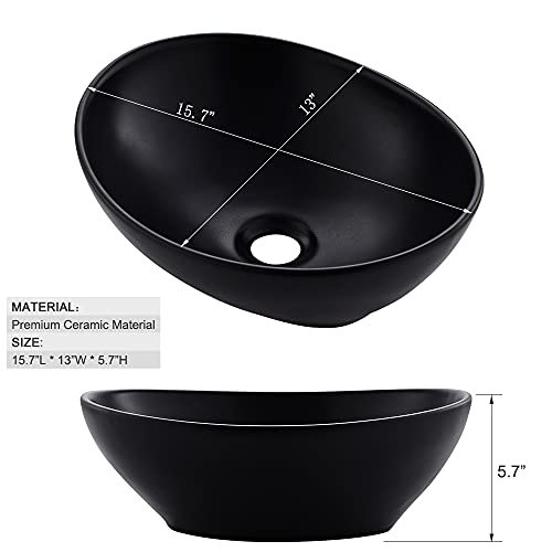 16x13 Matte Black Vessel Sink With Faucet and Drain Combo - Oval Porcelain Ceramic Above Counter Bathroom Sink