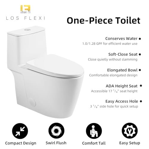 17.3" Elongated One Piece Toilet with Rimless Swirl Flush, Los Flexi Modern Toilets For Bathrooms, ADA Chair Height, Dual Flush 1.0/1.28 GPF, White 17 Inch Toilet Bowl, Soft-Close Seat & 12" Rough-In