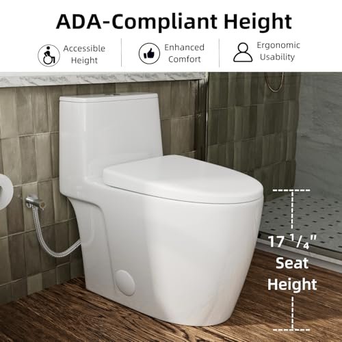 17.3" Elongated One Piece Toilet with Rimless Swirl Flush, Los Flexi Modern Toilets For Bathrooms, ADA Chair Height, Dual Flush 1.0/1.28 GPF, White 17 Inch Toilet Bowl, Soft-Close Seat & 12" Rough-In
