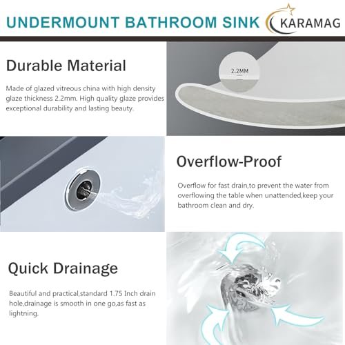 18 Inch Undermount Bathroom Sink Small Rectangle Undermount Sink White Ceramic Under Counter Bathroom Sinks with Overflow (18.3"x13.8")