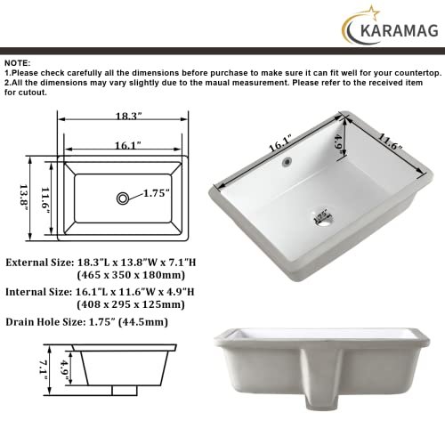 18 Inch Undermount Bathroom Sink Small Rectangle Undermount Sink White Ceramic Under Counter Bathroom Sinks with Overflow (18.3"x13.8")