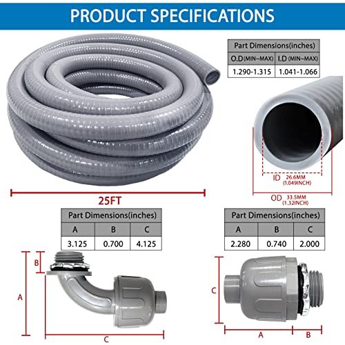 1inch 25ft Electrical Conduit Kit,Liquid-Tight Conduit and Connector Kit with 5 Straight and 3 Angle Fittings Included,Flexible Non - Metallic Electrical Conduit(1" Dia, 25 Feet)