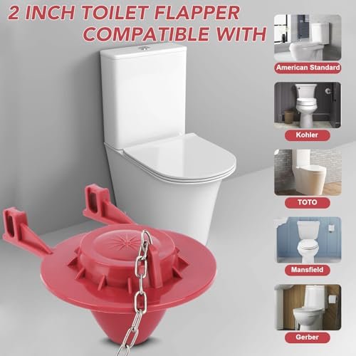 2 Pack 2-Inch Universal Toilet Flapper Replacement Kit - Fits Kohler, Toto, American Standard - High Performance Water-Saving Toilet Tank Flapper with Stainless Chain & Hook, Easy to Install Red