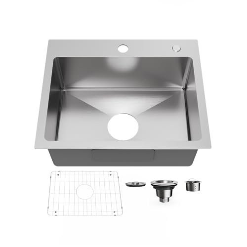 20" x 16" Drop in Kitchen Sink 304 Stainless Steel Single Bowl Topmount Kitchen Sink with Drain Kit and Bottom Grid, Brushed