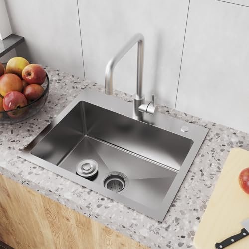 20" x 16" Drop in Kitchen Sink 304 Stainless Steel Single Bowl Topmount Kitchen Sink with Drain Kit and Bottom Grid, Brushed