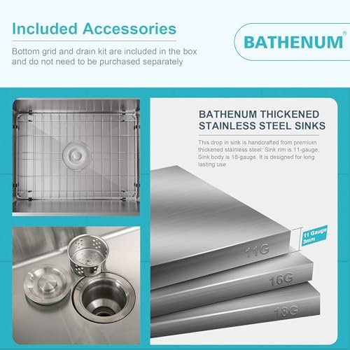 20" x 16" Drop in Kitchen Sink 304 Stainless Steel Single Bowl Topmount Kitchen Sink with Drain Kit and Bottom Grid, Brushed