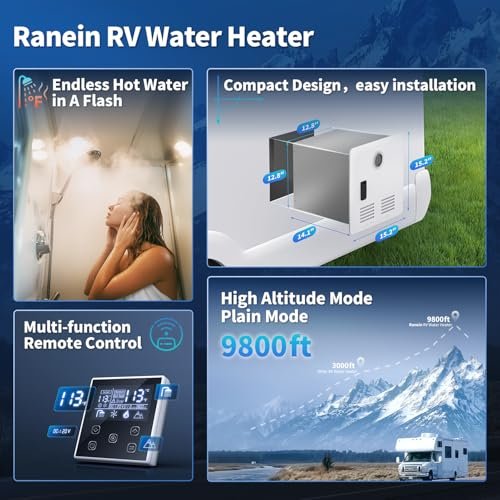 2025 GEN II Ranein On-Demand 65,000 BTU RV Tankless Water Heater, 12V Powered, High Altitude Ready, CSA Approved, With Multi-Function Controller and Thermostatic Chamber